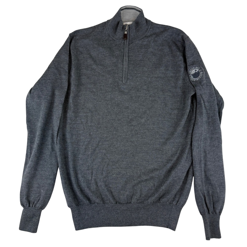 Peter Millar Sweater Mens Medium Gray Merino Silk 1/4 Zip Green Bay Country Club
